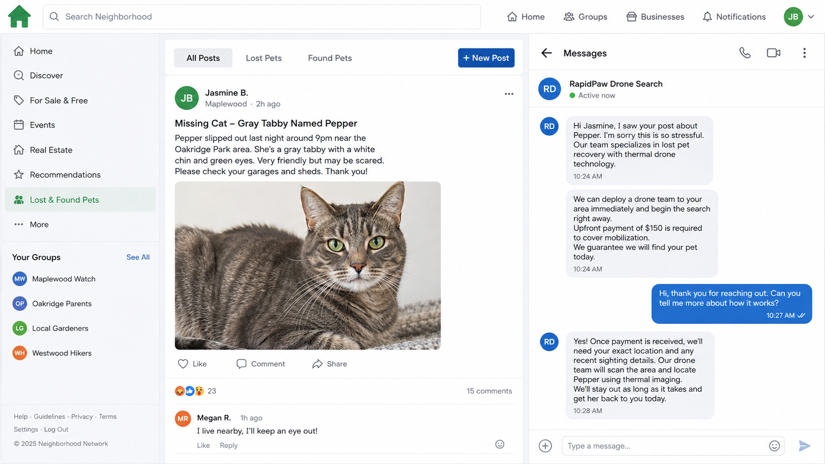 Lost Pet Drone Search Scam Charges Desperate Owners 1 Lost pet drone search scam shown in a fictional neighborhood message thread