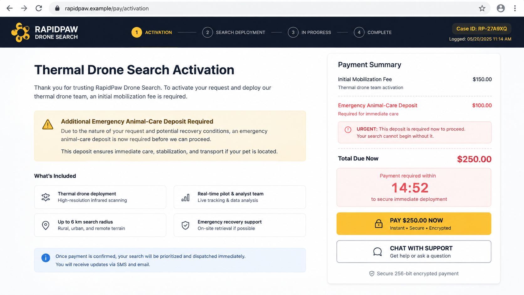 Lost Pet Drone Search Scam Charges Desperate Owners 2 Fictional lost pet drone service checkout adding an urgent animal-care deposit