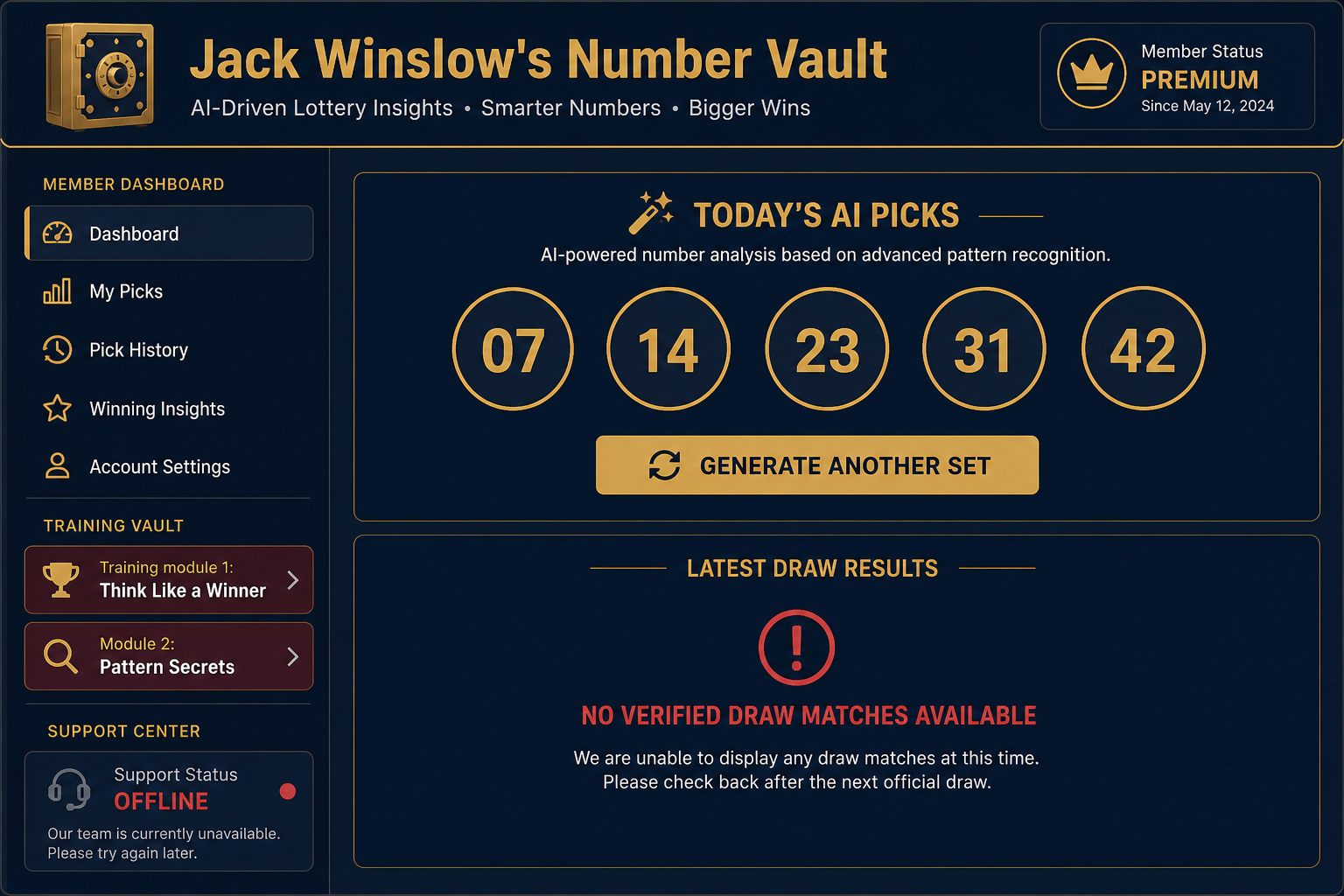 Lottery Unlocked Scam Exposed: Fake AI System or Real? Full Investigation 3 Lottery Unlocked member vault showing number picks without verified matches