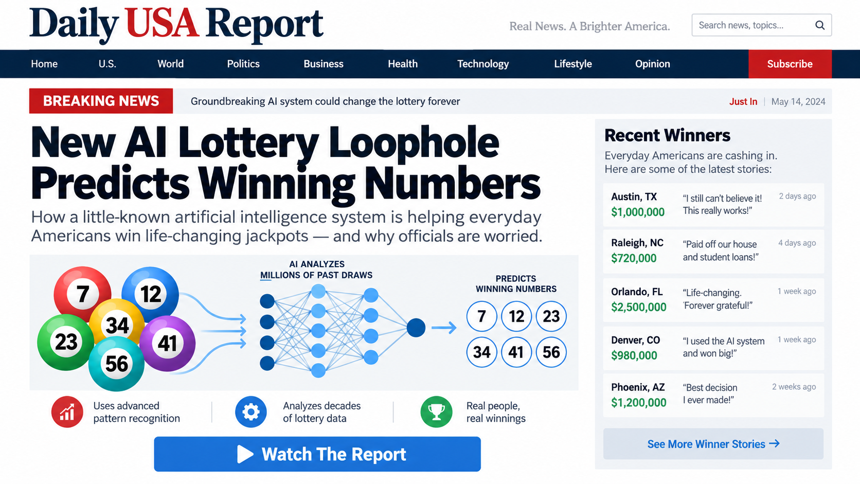 Fake news advertorial reconstruction promoting an AI lottery prediction loophole