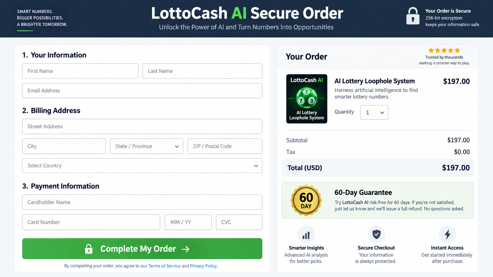 Checkout reconstruction showing a $197 LottoCash AI digital order