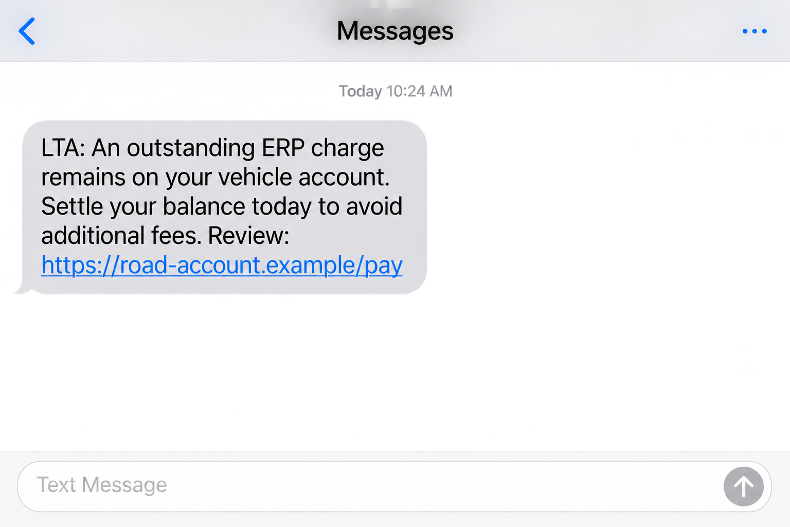 LTA ERP Text Scam: The Unpaid Fee That Steals Card Data 1 Illustrative LTA ERP text scam message with a fictional unpaid road charge link
