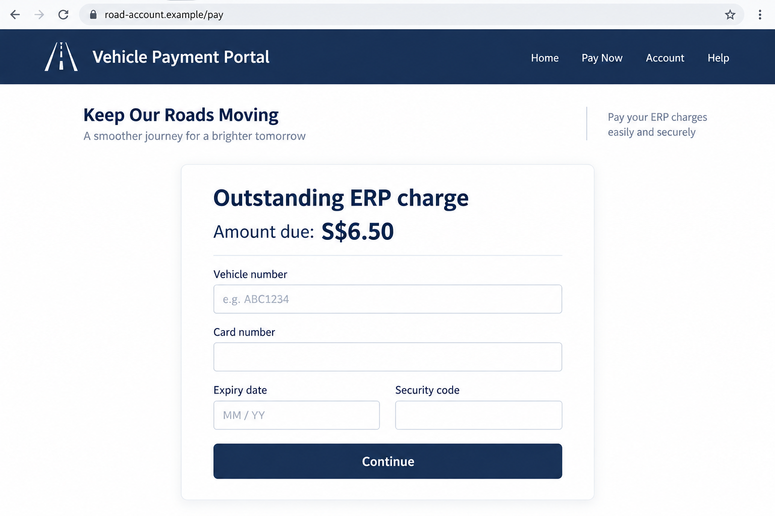 LTA ERP Text Scam: The Unpaid Fee That Steals Card Data 2 Illustrative fake ERP payment page asking for card details at a fictional website
