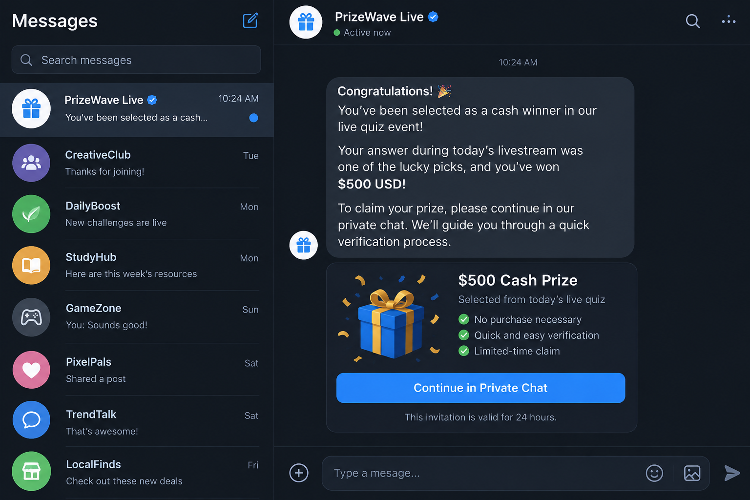 Fake social media lucky draw message claiming the recipient won a cash prize