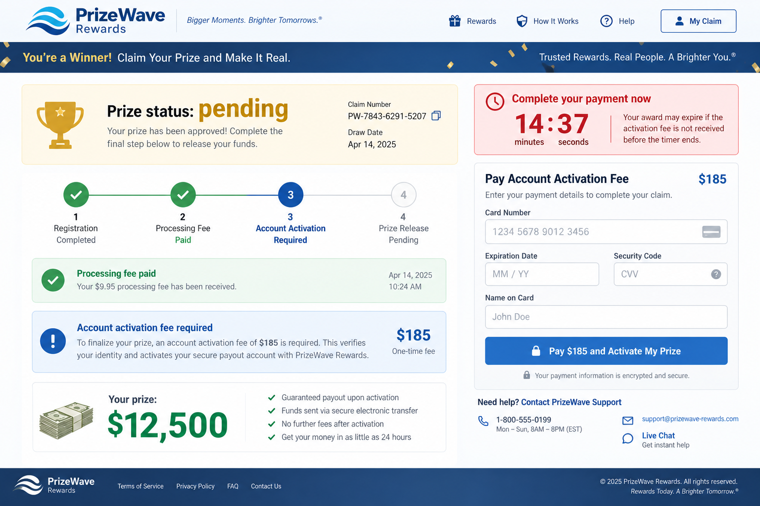 Fraudulent prize claim page demanding an additional activation fee