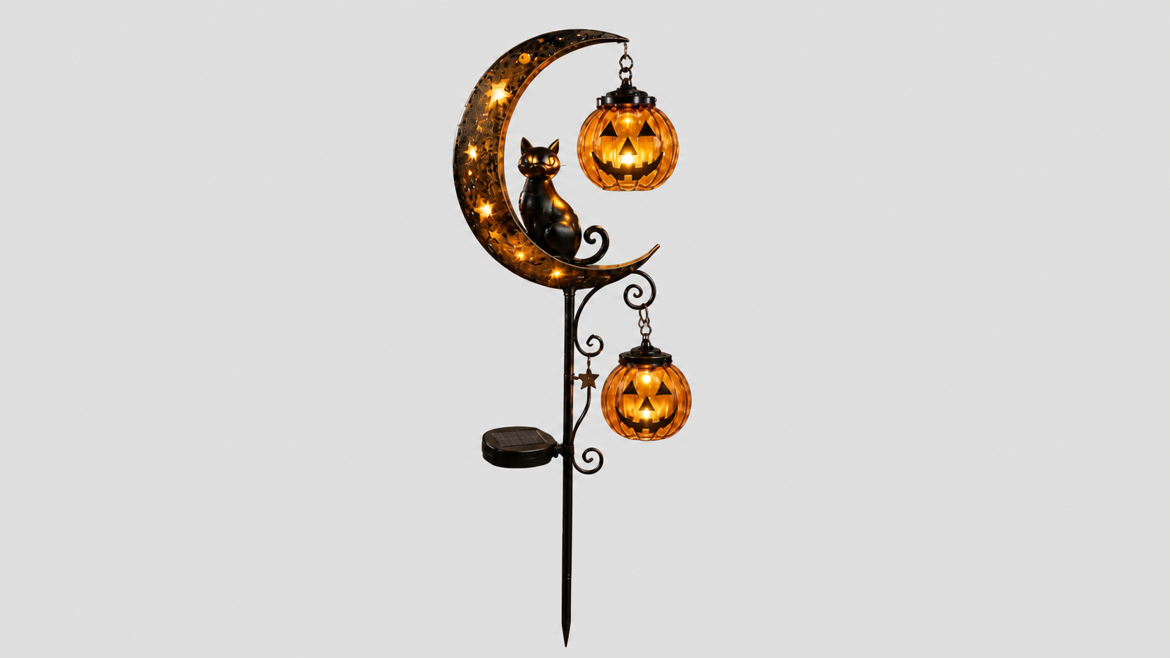 LunaLayering sales page for the solar black cat moon and pumpkin garden light