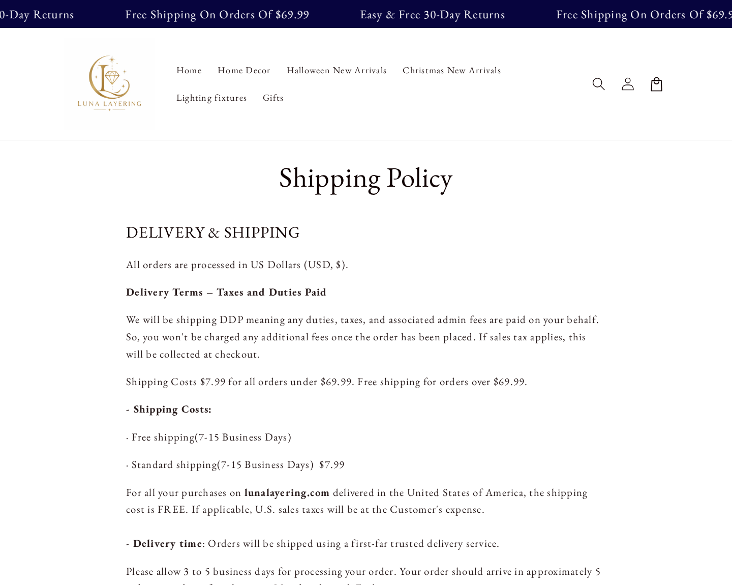 LunaLayering shipping and returns page showing contradictory refund and product wording