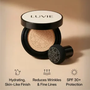 Luvie Glow Foundation Cushion product page showing prices shades and wrinkle claims
