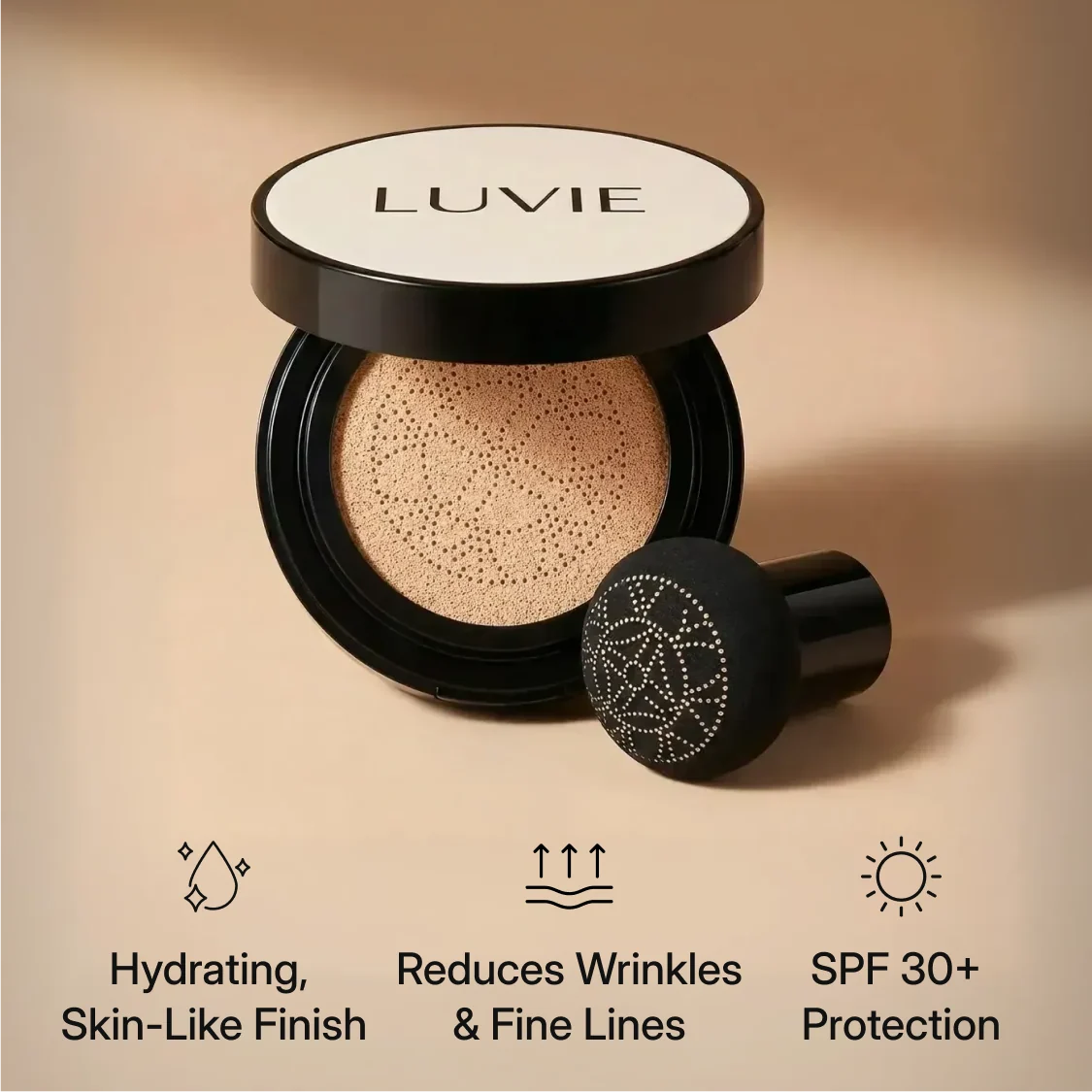 Luvie Glow Foundation Cushion product page showing prices shades and wrinkle claims