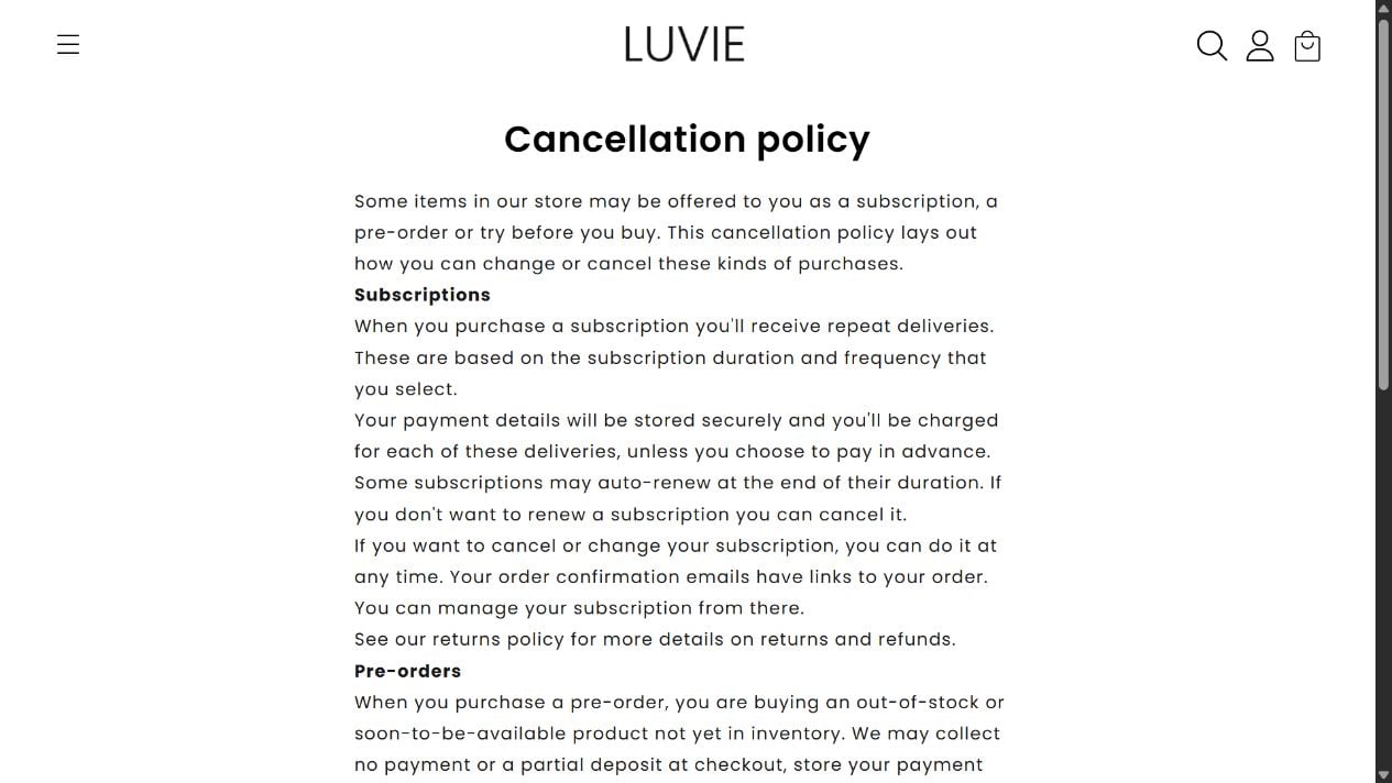 Luvie subscription policy explaining repeat deliveries stored payment details and renewals