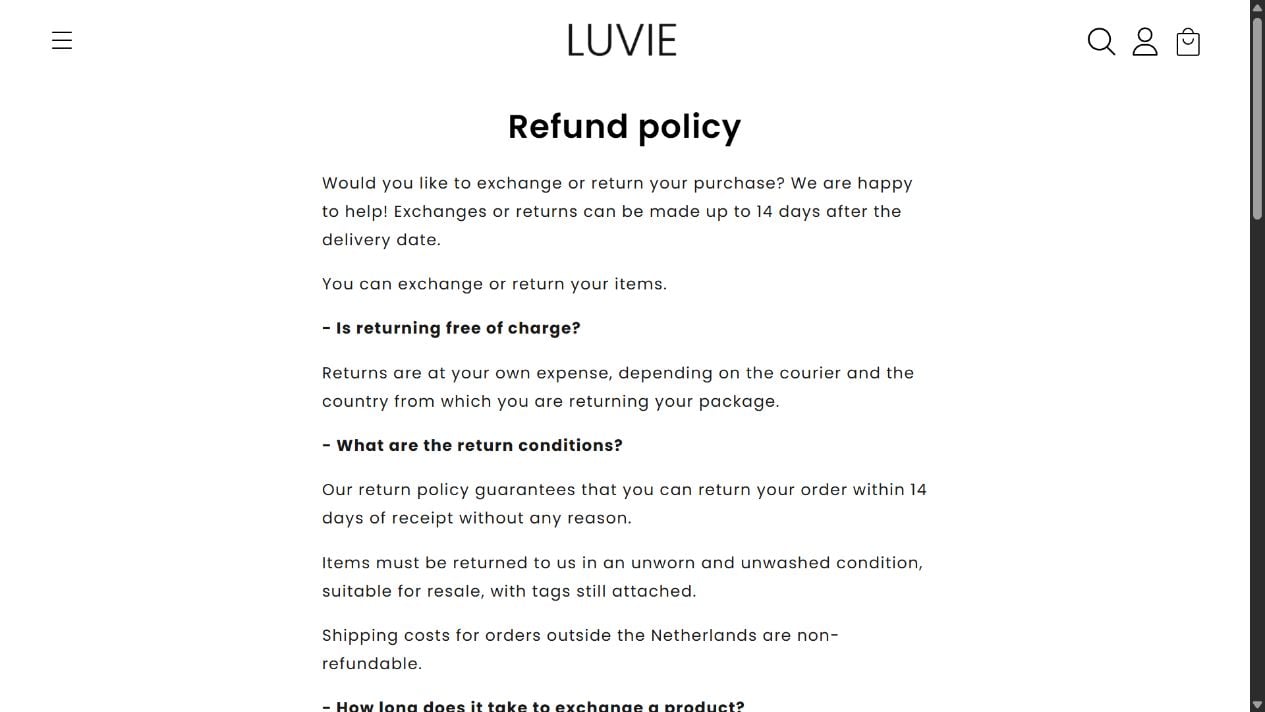 Luvie refund policy showing its 14-day window buyer-paid shipping and condition requirements