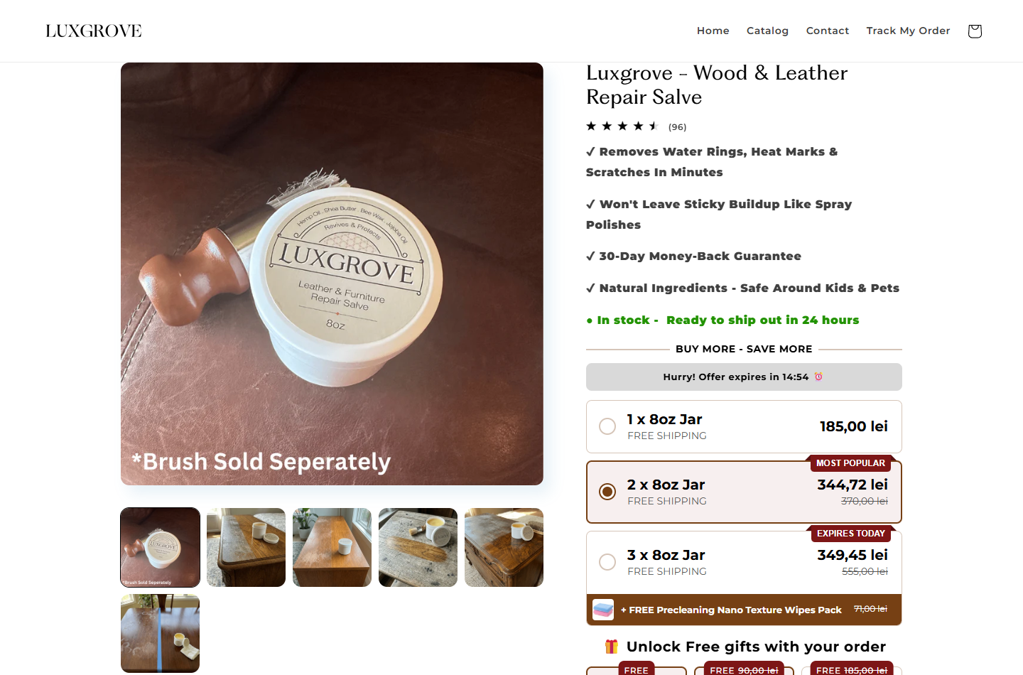 Luxgrove Reviews: Repair Claims and Return Costs 1 Luxgrove wood and leather repair salve listing showing restoration claims and bundle choices
