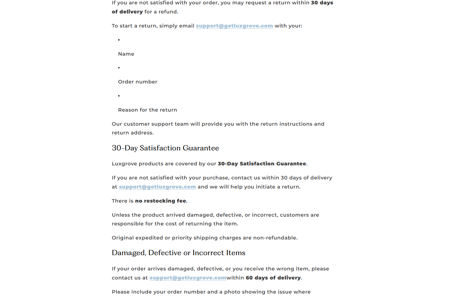 Luxgrove Reviews: Repair Claims and Return Costs 2 Luxgrove return policy showing the satisfaction window and responsibility for return shipping