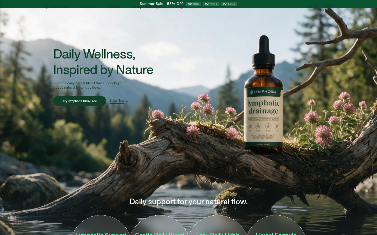 Lymphoria Lymphatic Drainage Drops EXPOSED: Subscription Trap Behind the Ads 1 Lymphoria homepage promoting lymphatic drainage drops with sale banner