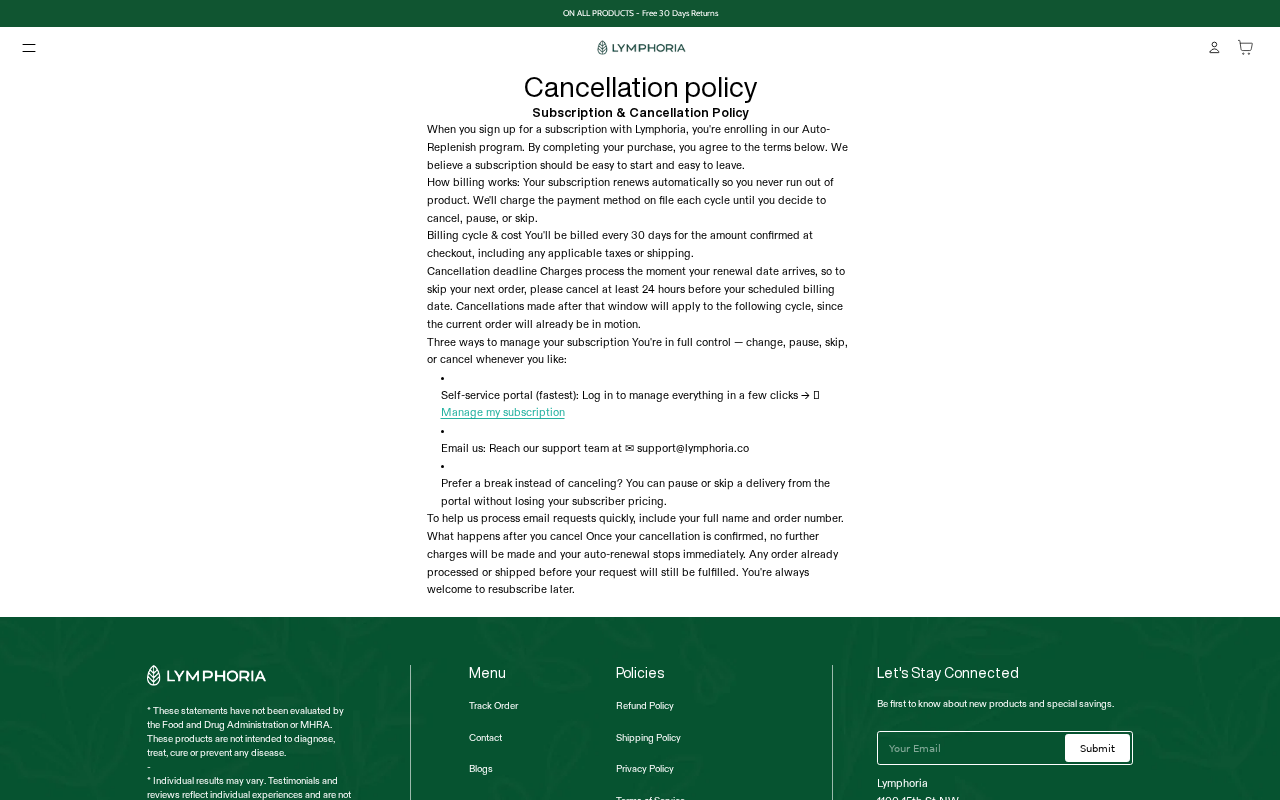 Lymphoria Lymphatic Drainage Drops EXPOSED: Subscription Trap Behind the Ads 2 Lymphoria subscription cancellation policy page showing auto-renew terms