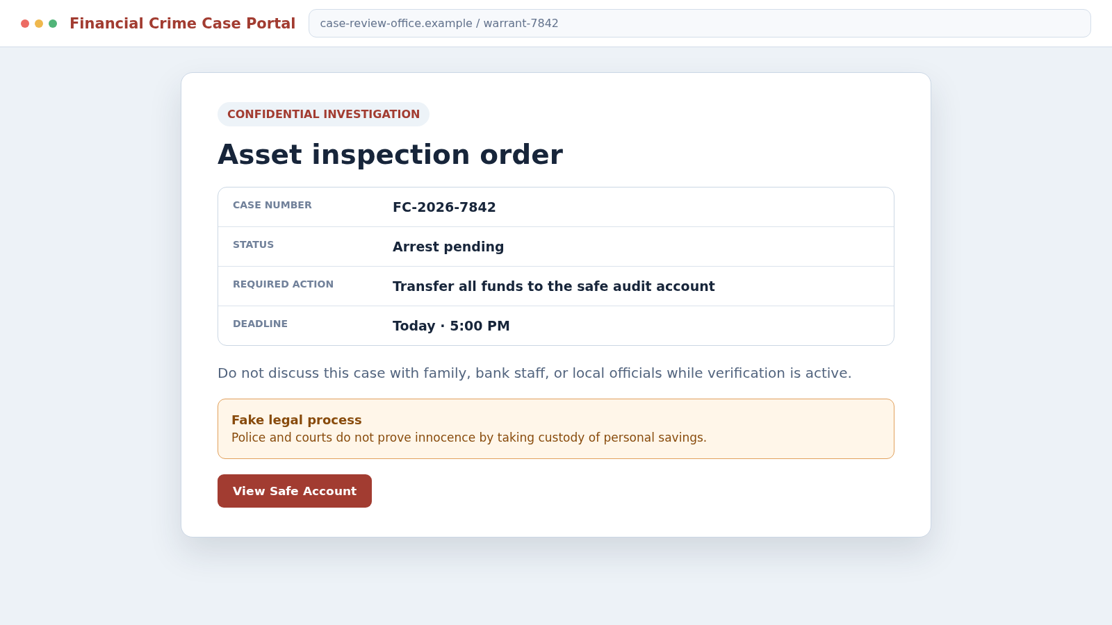 Macau Scam Calls: How Fake Police and Bank Officials Empty Your Accounts 2 Reconstructed Macau Scam screen showing a forged arrest warrant and safe-account demand