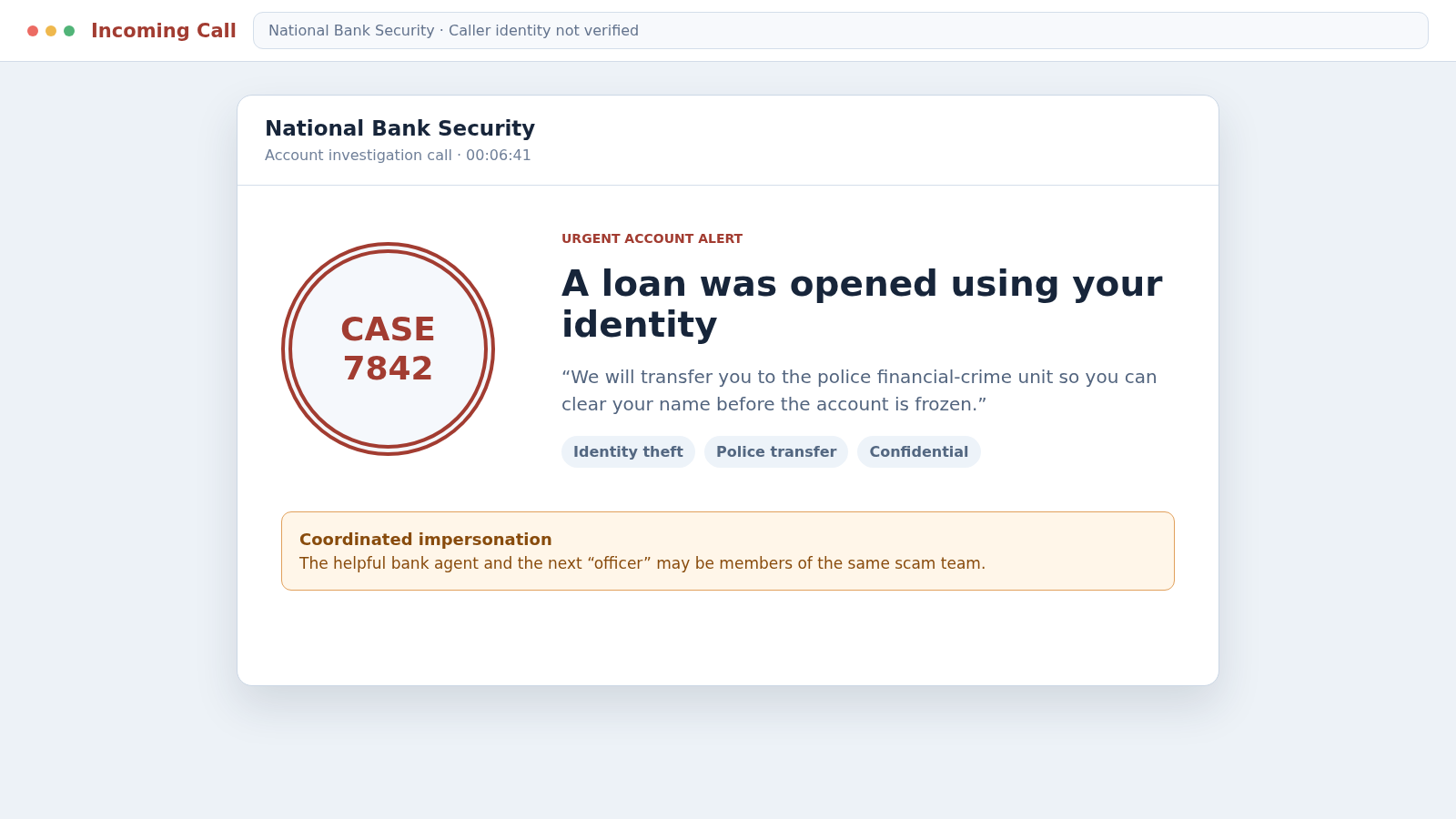 Macau Scam Calls: How Fake Police and Bank Officials Empty Your Accounts 1 Reconstructed Macau Scam call screen showing a fake bank security investigation