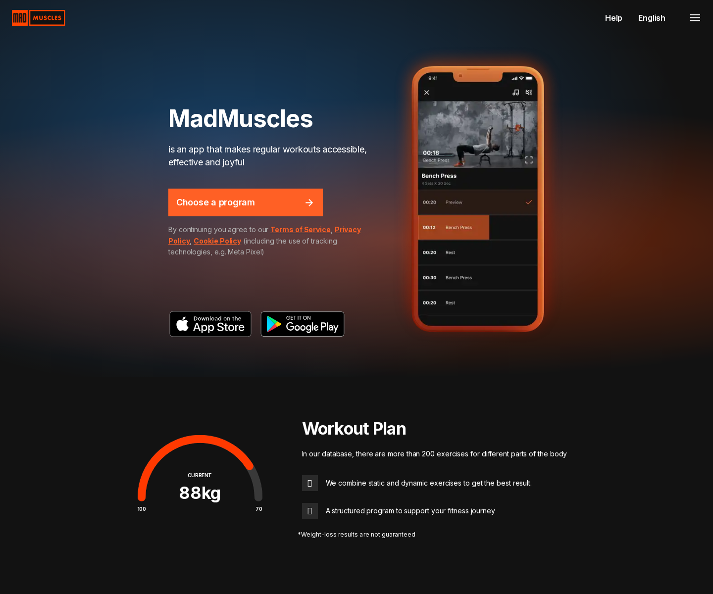 MadMuscles official website presenting its personalized workout application