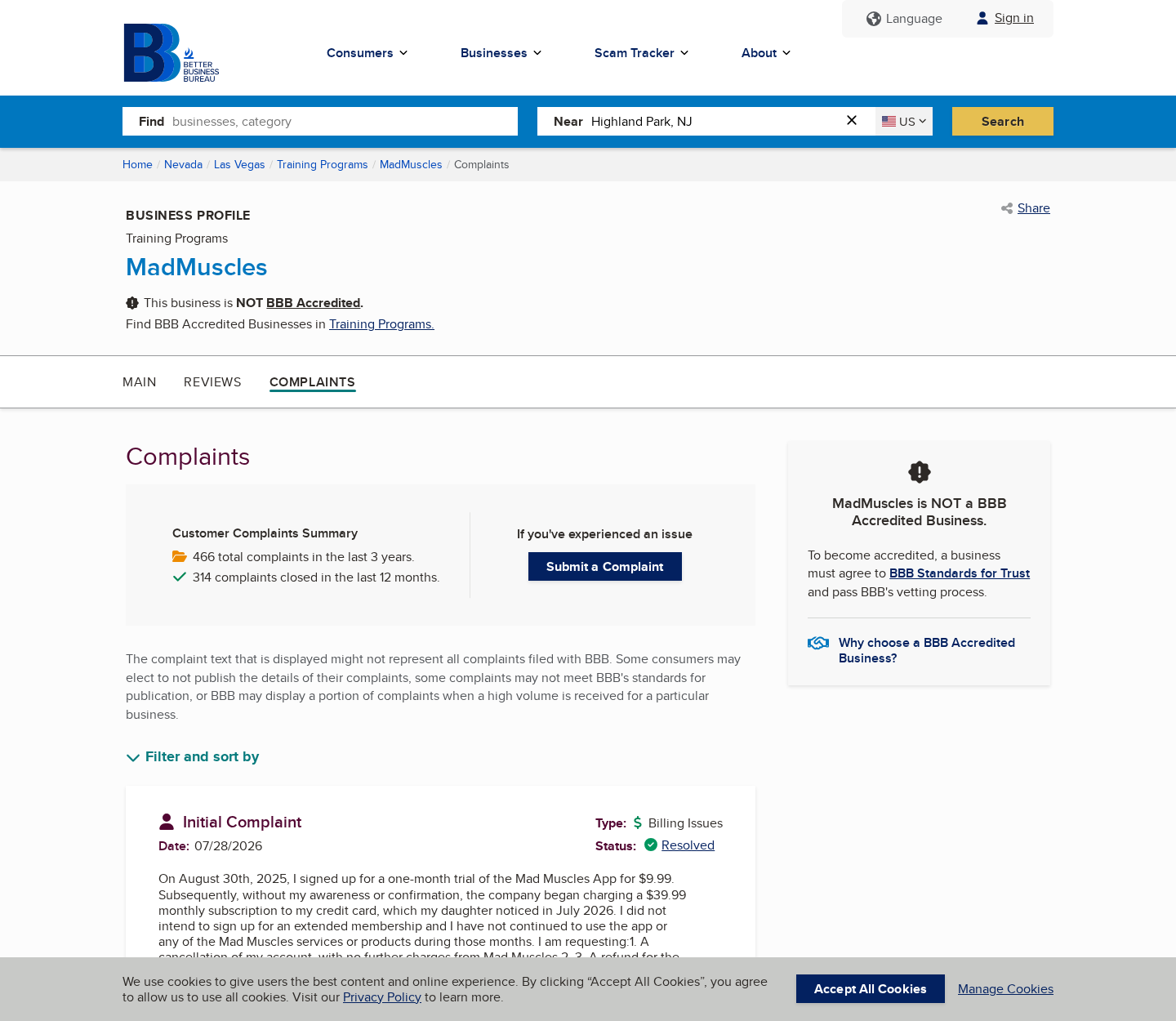 Better Business Bureau complaint page showing MadMuscles billing reports