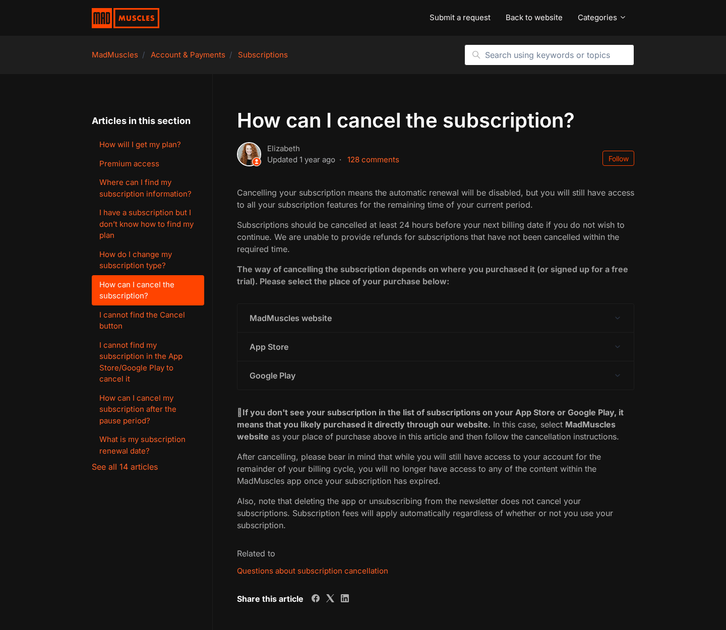 MadMuscles support page explaining how customers cancel recurring subscriptions