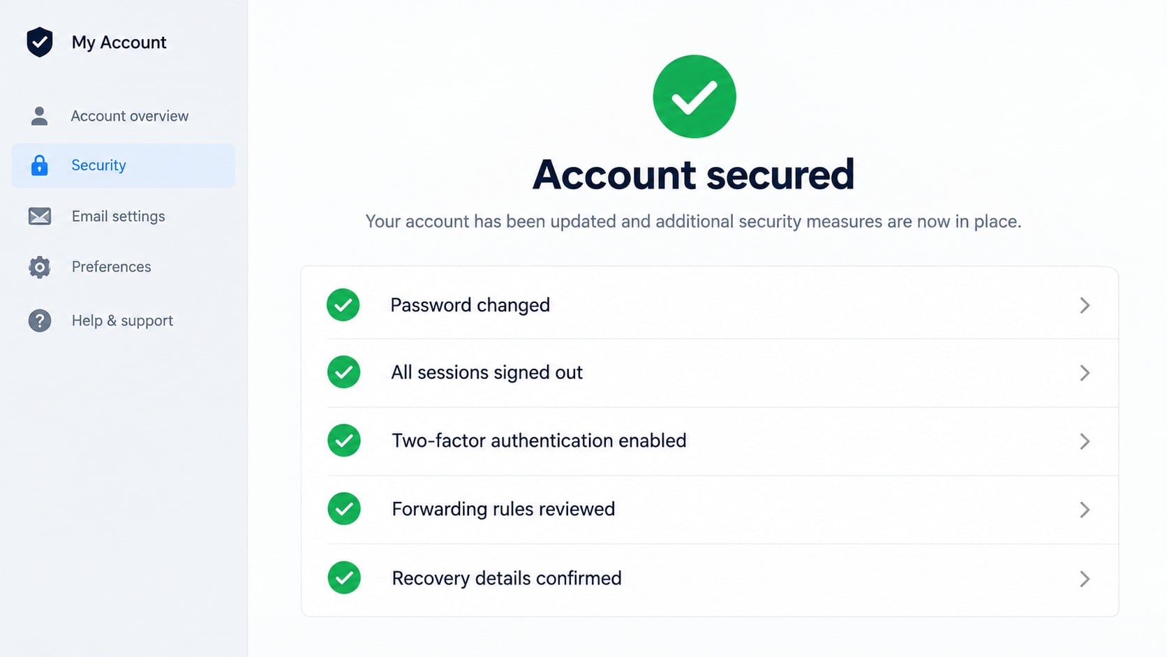 Illustrative completed mailbox account recovery checklist