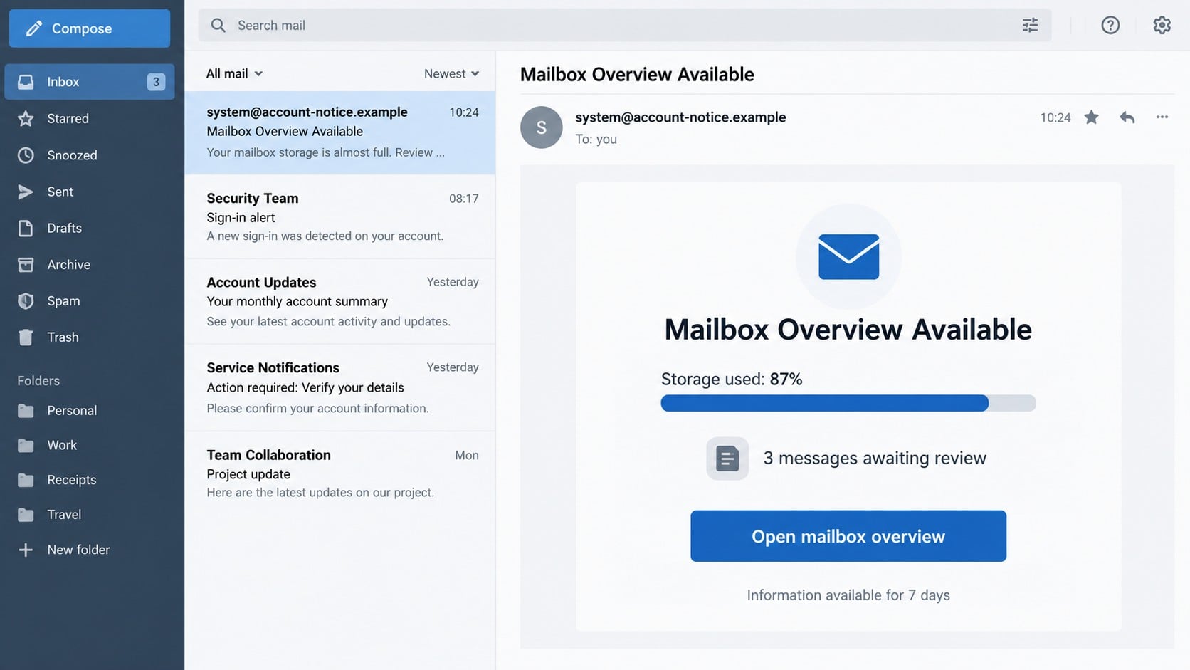 Illustrative Mailbox Overview Available phishing email