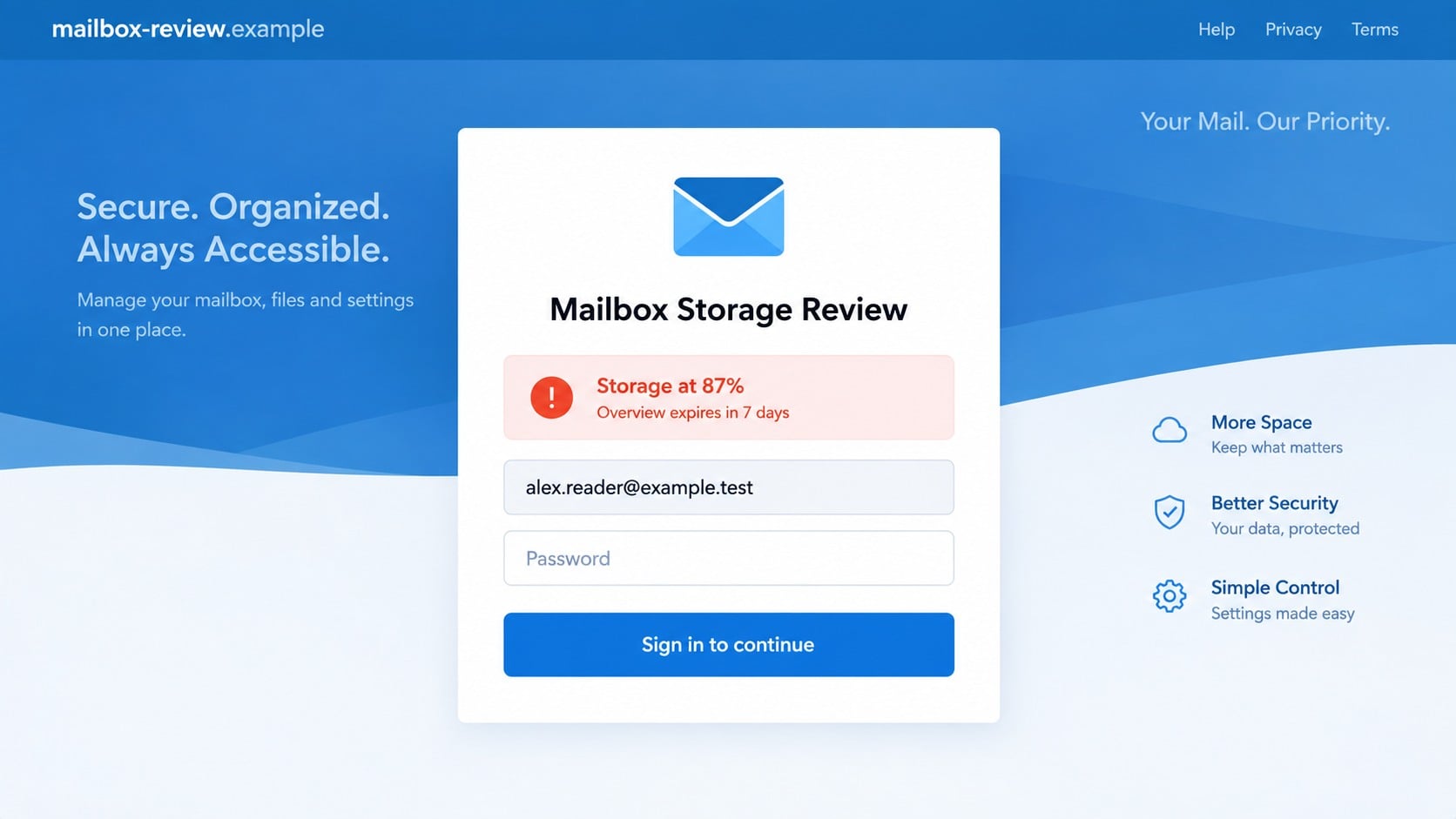 Illustrative fake mailbox storage review login