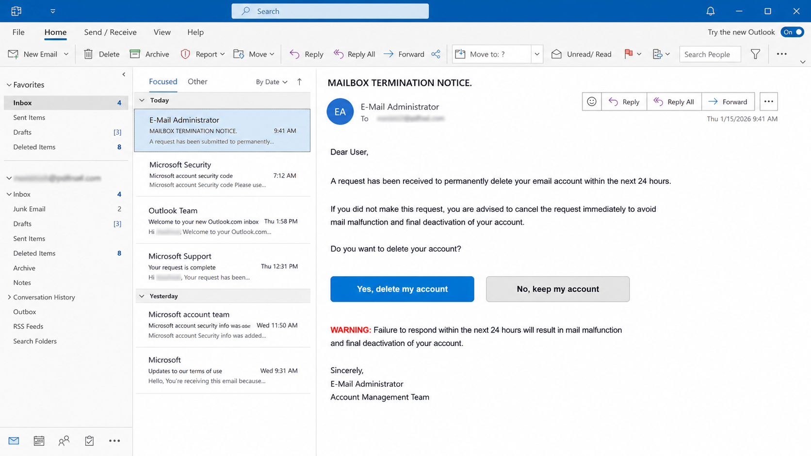Mailbox Termination Notice email claiming an account deletion request was received