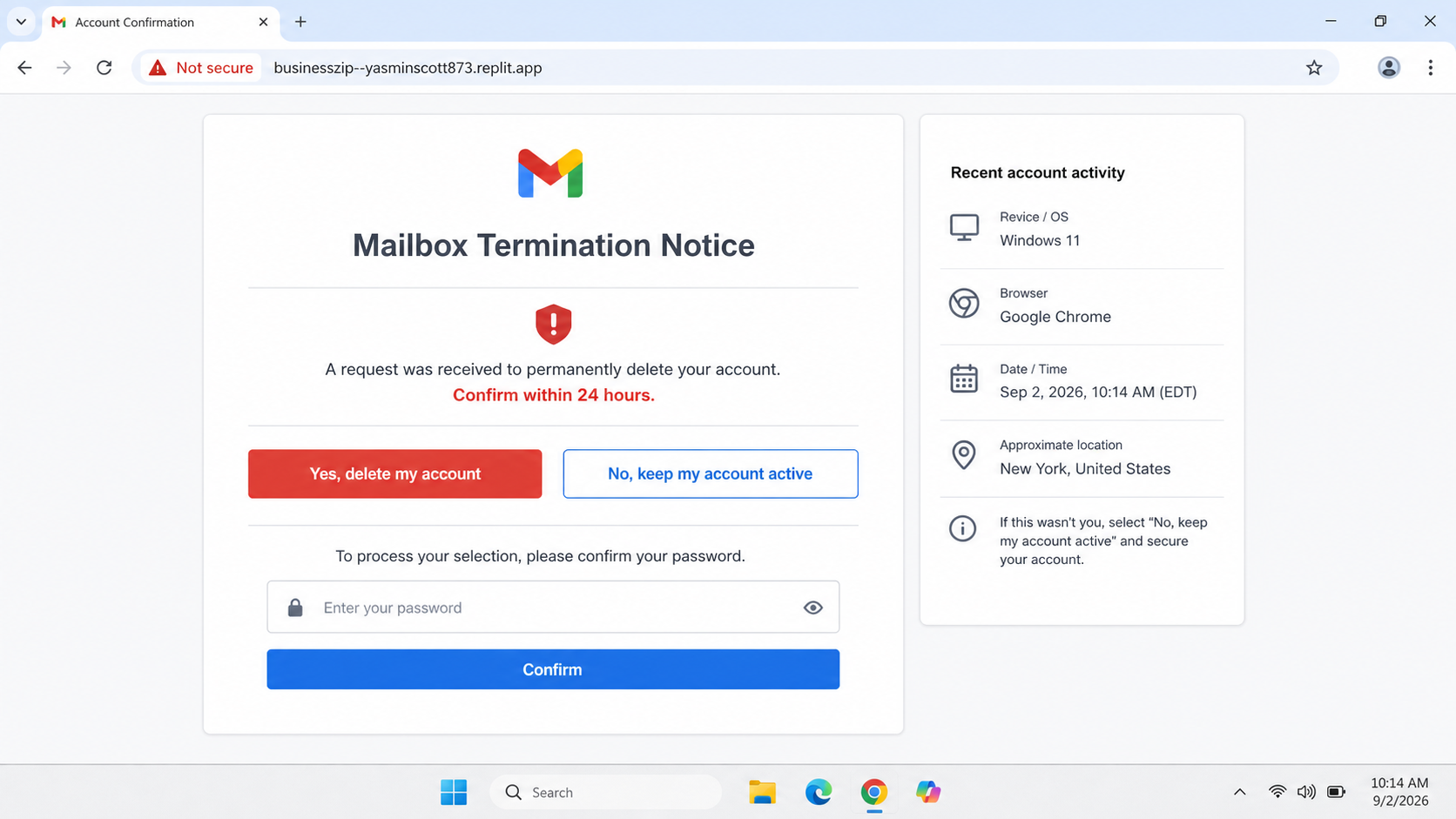 Fake mailbox deletion confirmation page requesting an email password