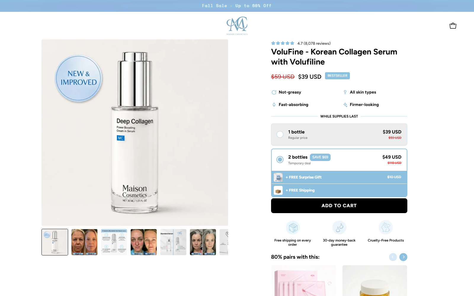 Maison Cosmetics VoluFine Korean Collagen Serum product page with price, rating, and product claims