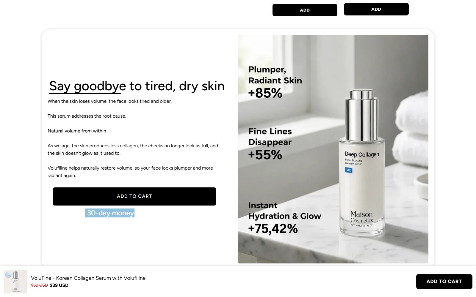 Maison Cosmetics product page showing customer rating and anti-aging claims for VoluFine serum