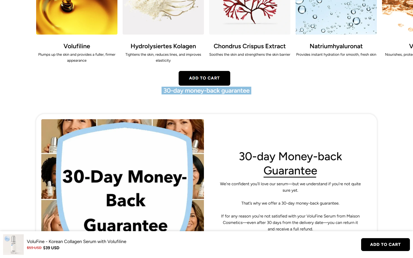 Maison Cosmetics page explaining its 30-day money-back guarantee for VoluFine serum