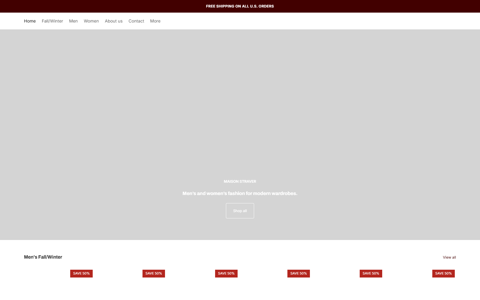Maison Straver website showing free United States shipping and recurring 50% sale labels