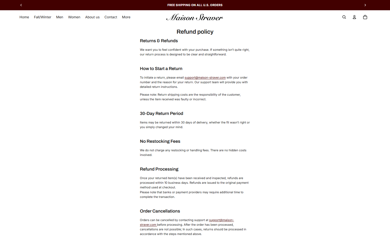 Maison Straver refund policy describing customer-paid return shipping and a 30-day return period