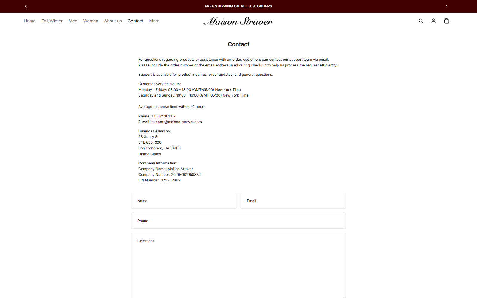 Maison Straver contact page showing its San Francisco address, phone number, email, and company information