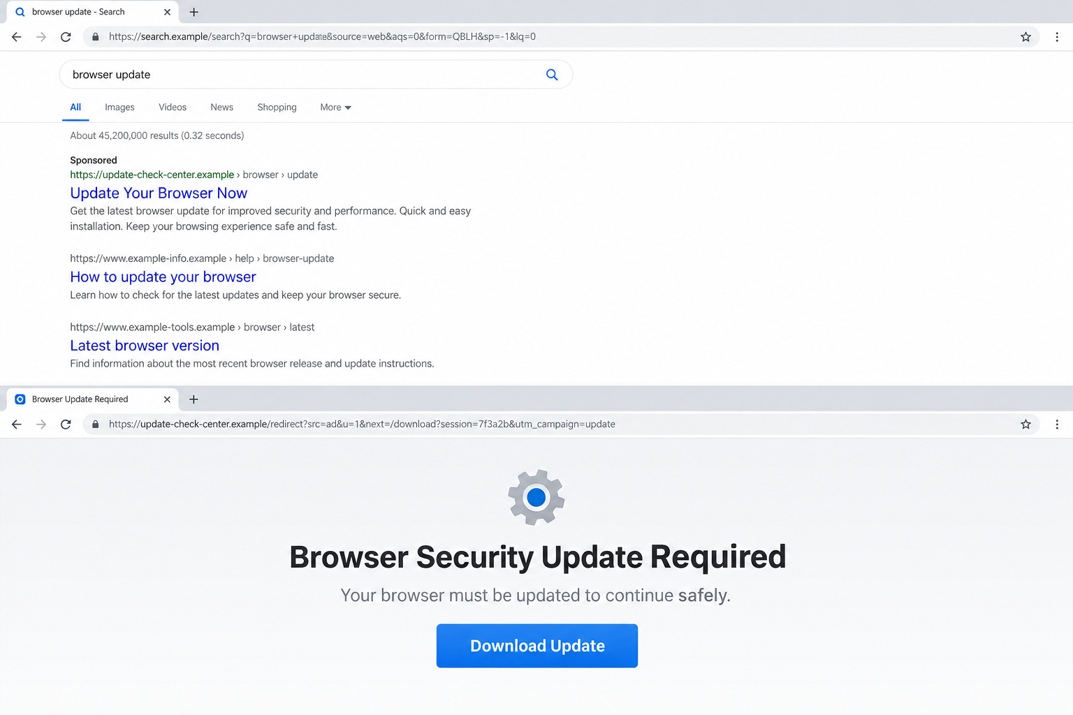 Malicious Ad Redirect Scam Leads to Fake Logins 1 Fictional search advertisement redirecting to a fake browser security update page