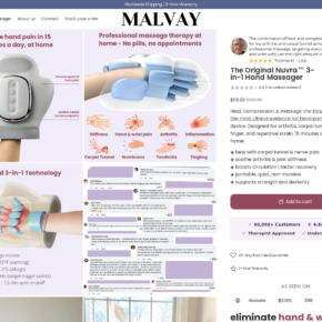 Malvay Nuvra 3-in-1 Hand Massager product page showing the device, price, and comfort claims