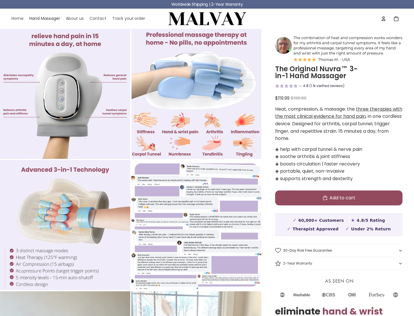 Malvay Nuvra 3-in-1 Hand Massager product page showing the device, price, and comfort claims