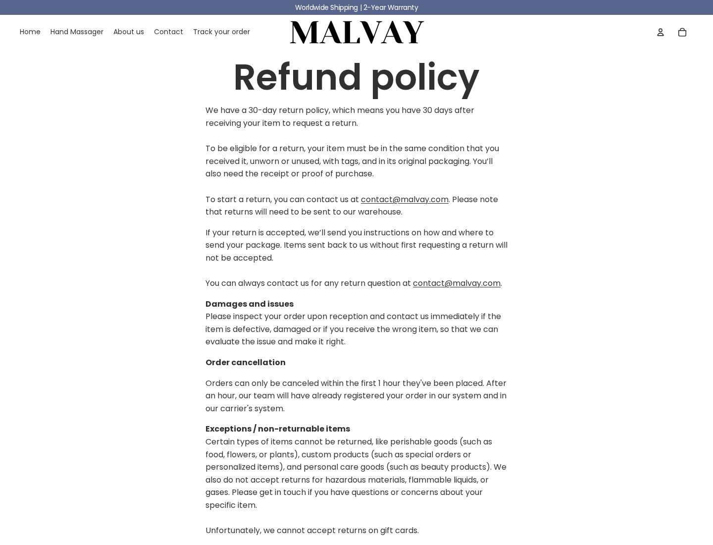 Malvay refund policy explaining the 30-day window, item condition, authorization, and proof-of-purchase requirements