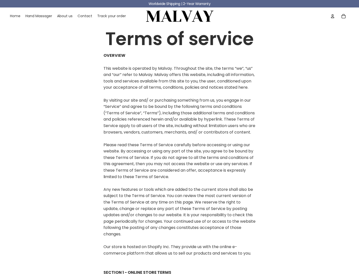 Malvay terms of service page showing the store identity, online terms, and governing-law language