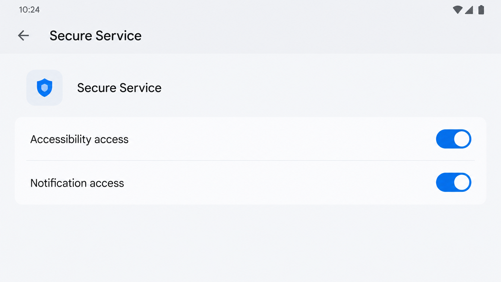 Illustrative Android settings showing accessibility and notification access enabled for an unfamiliar app