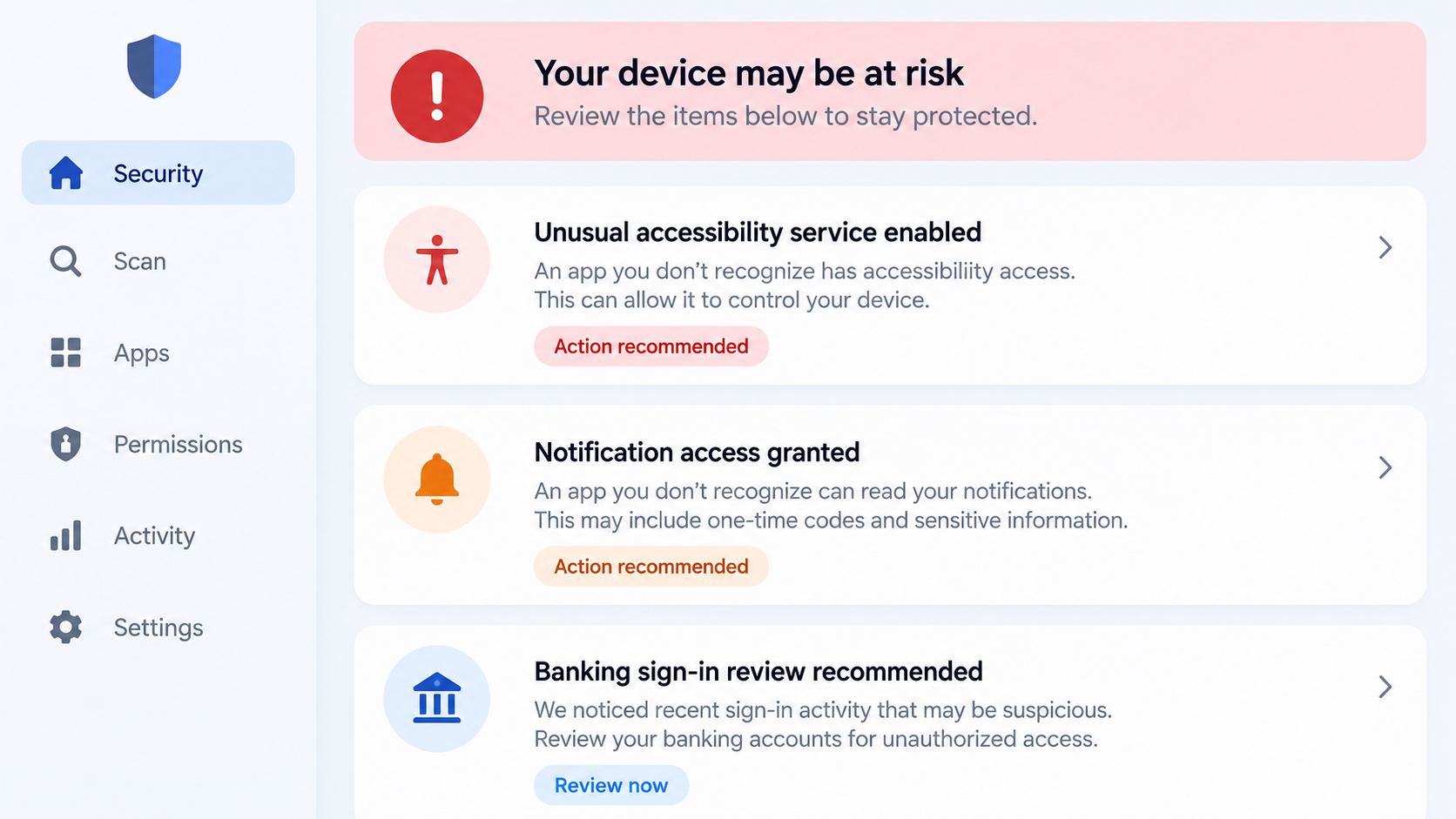 Illustrative mobile security review of accessibility, notification access, and banking sign-ins