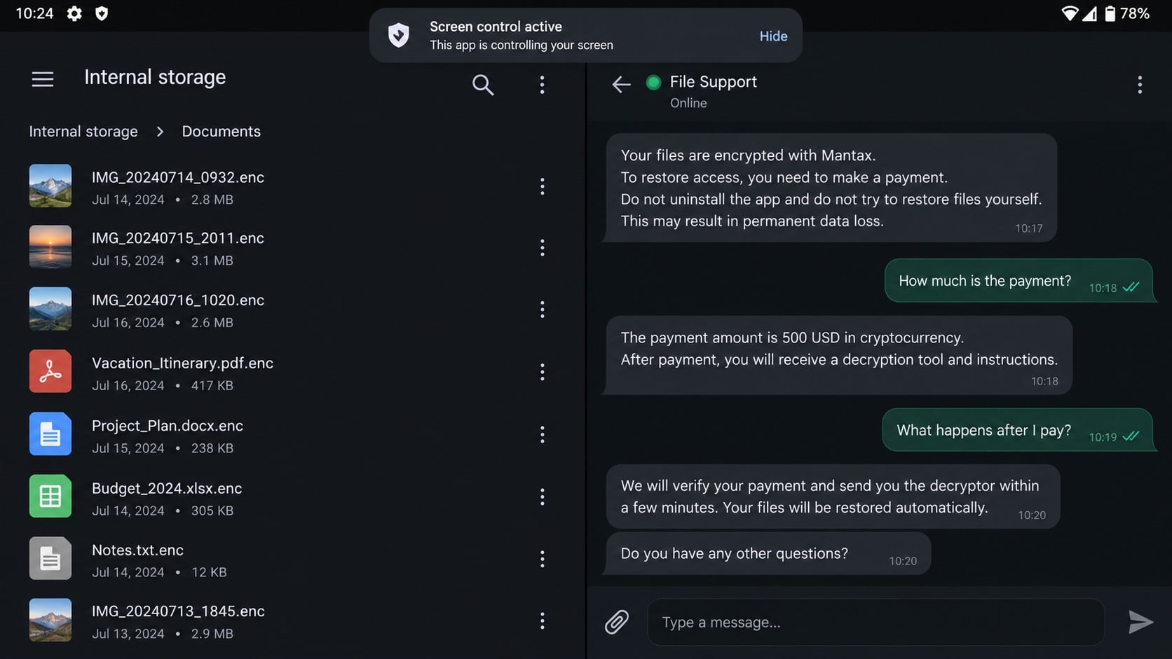 Android files renamed with .enc beside a Mantax extortion chat