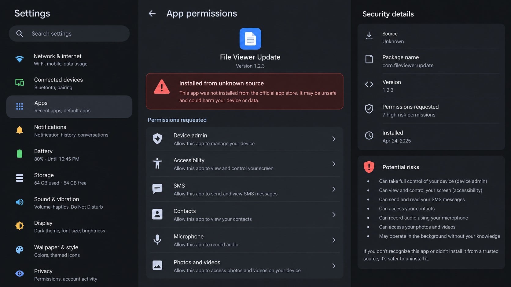 Sideloaded Android app requesting device administrator and accessibility permissions