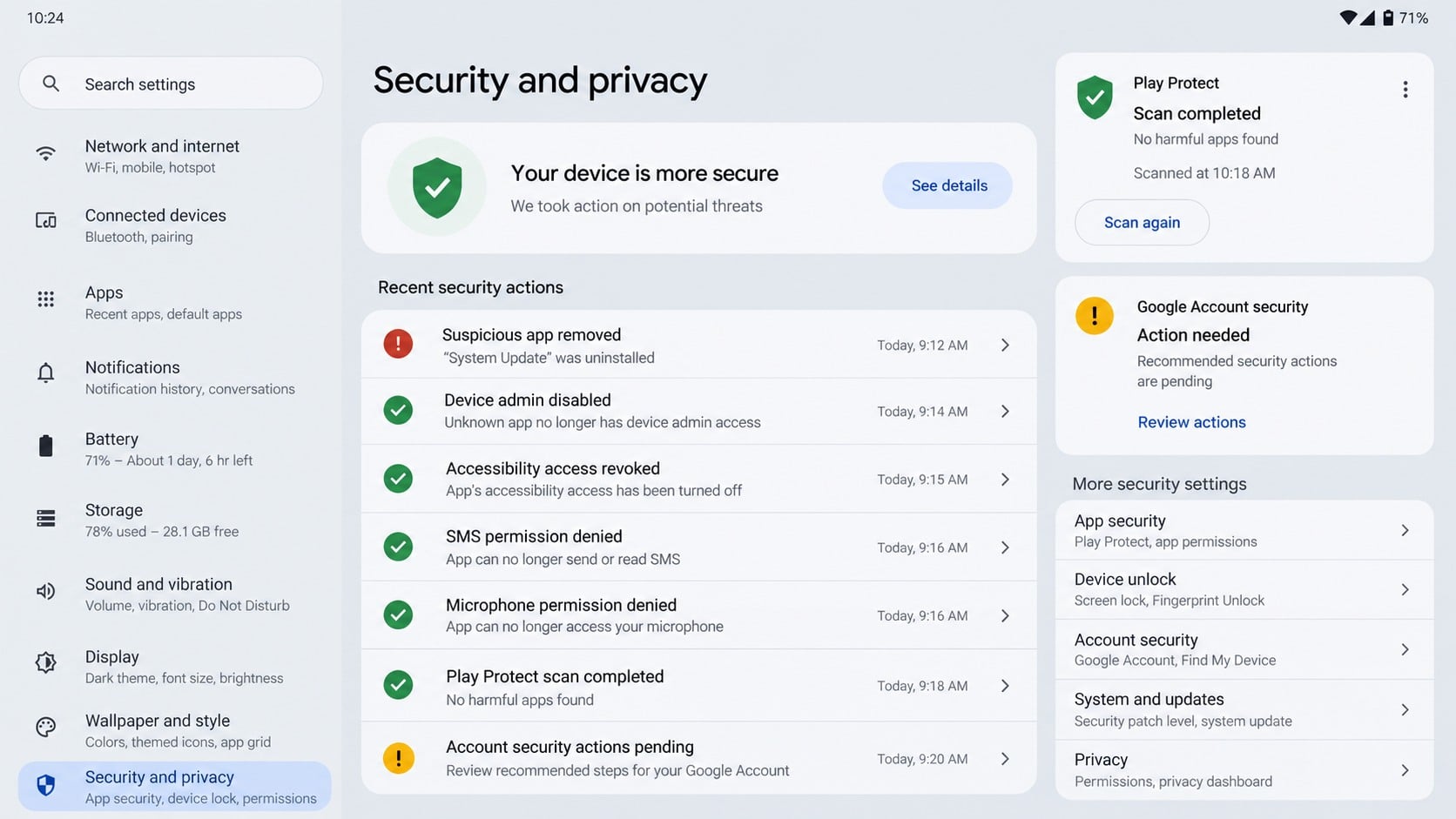 Android security dashboard after suspicious permissions and malware were removed