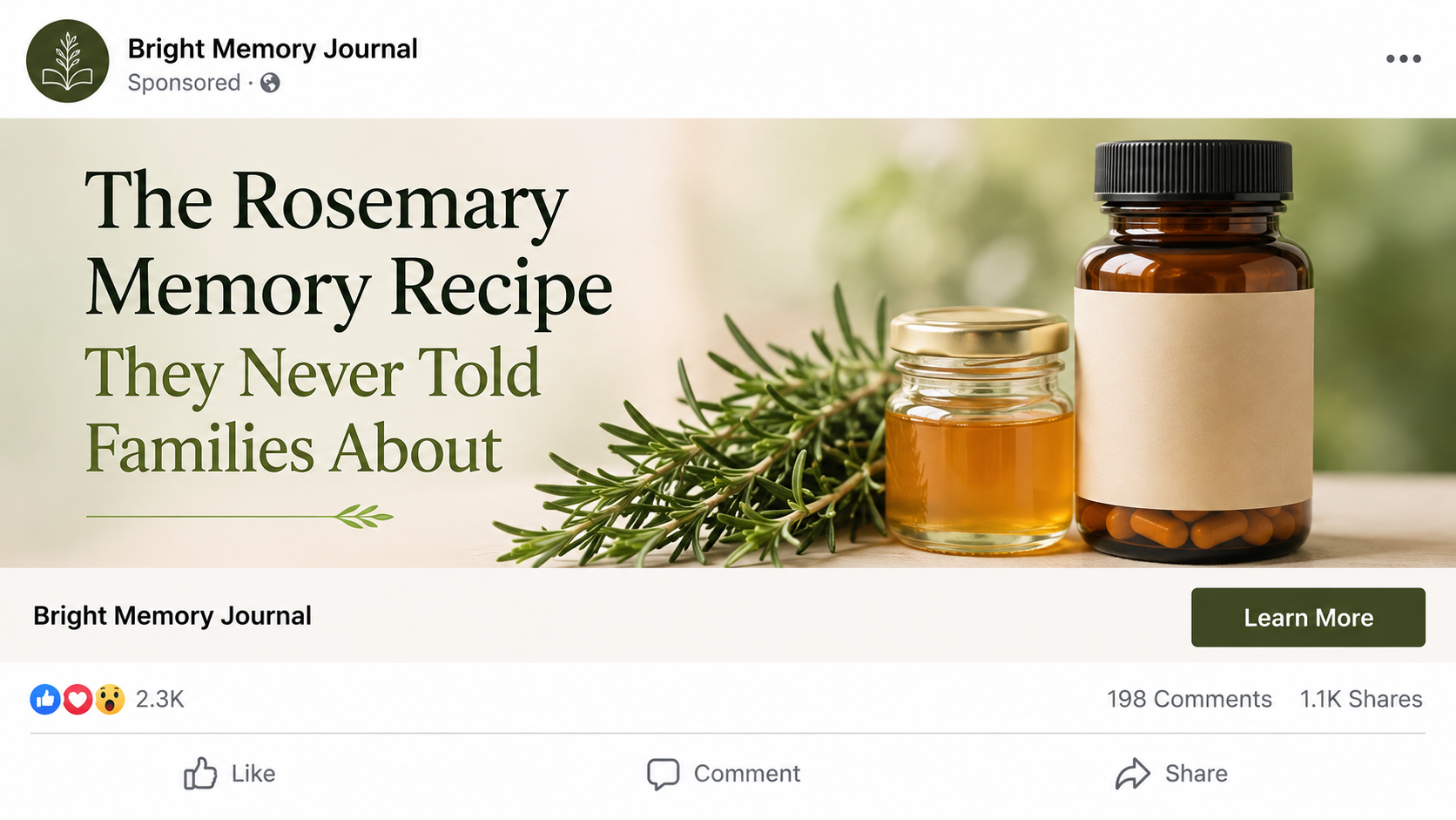 Sponsored rosemary memory recipe advertisement leading toward a supplement offer