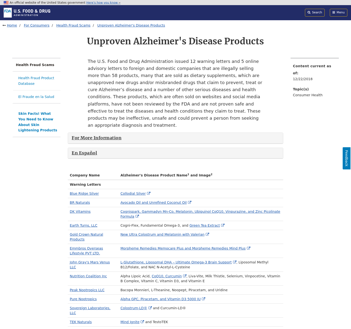 FDA warning page about unproven products claiming to treat Alzheimer’s disease