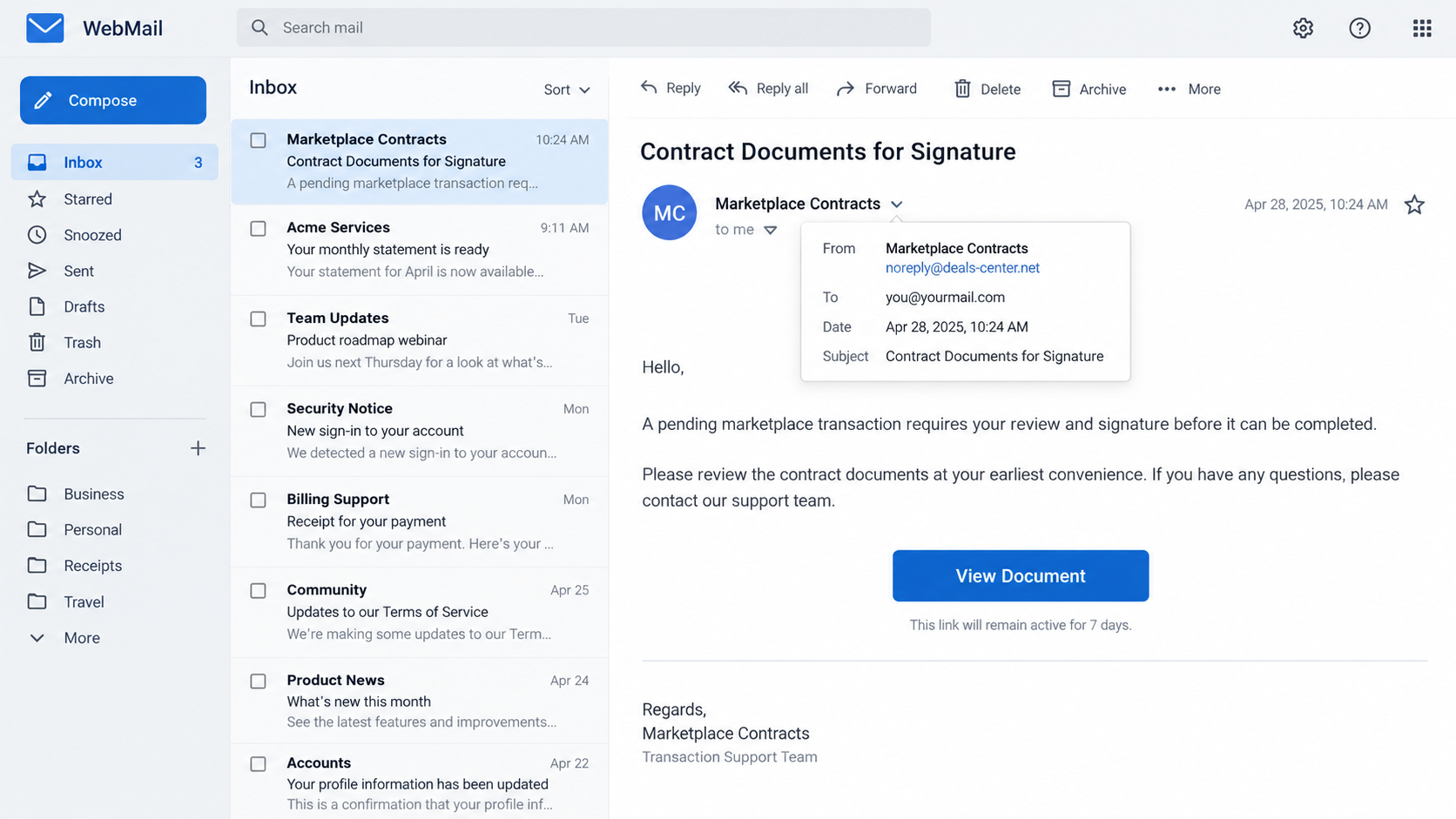 Illustrative marketplace contract email with a View Document button