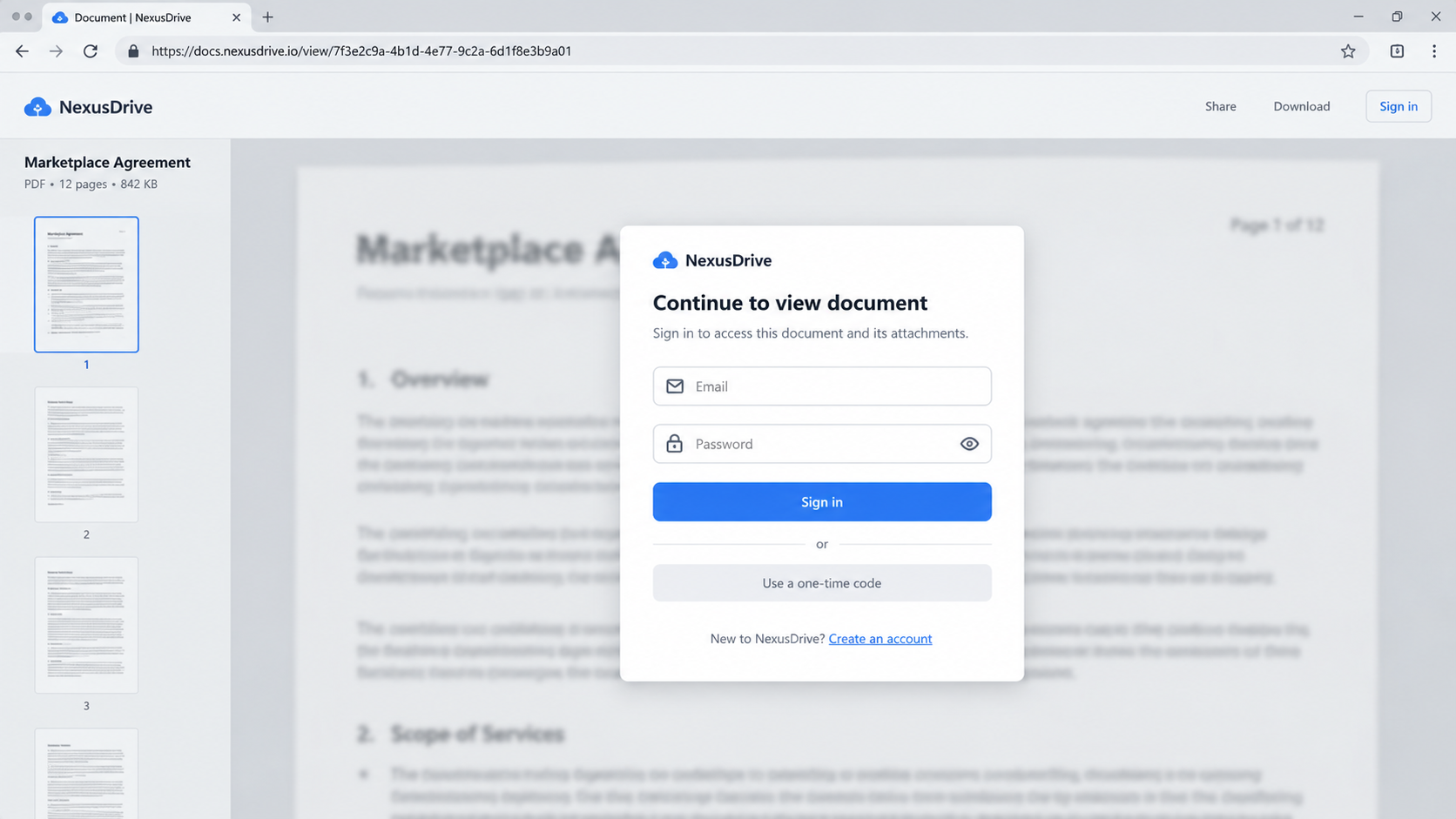 Illustrative document portal asking for email and password before a contract can be viewed