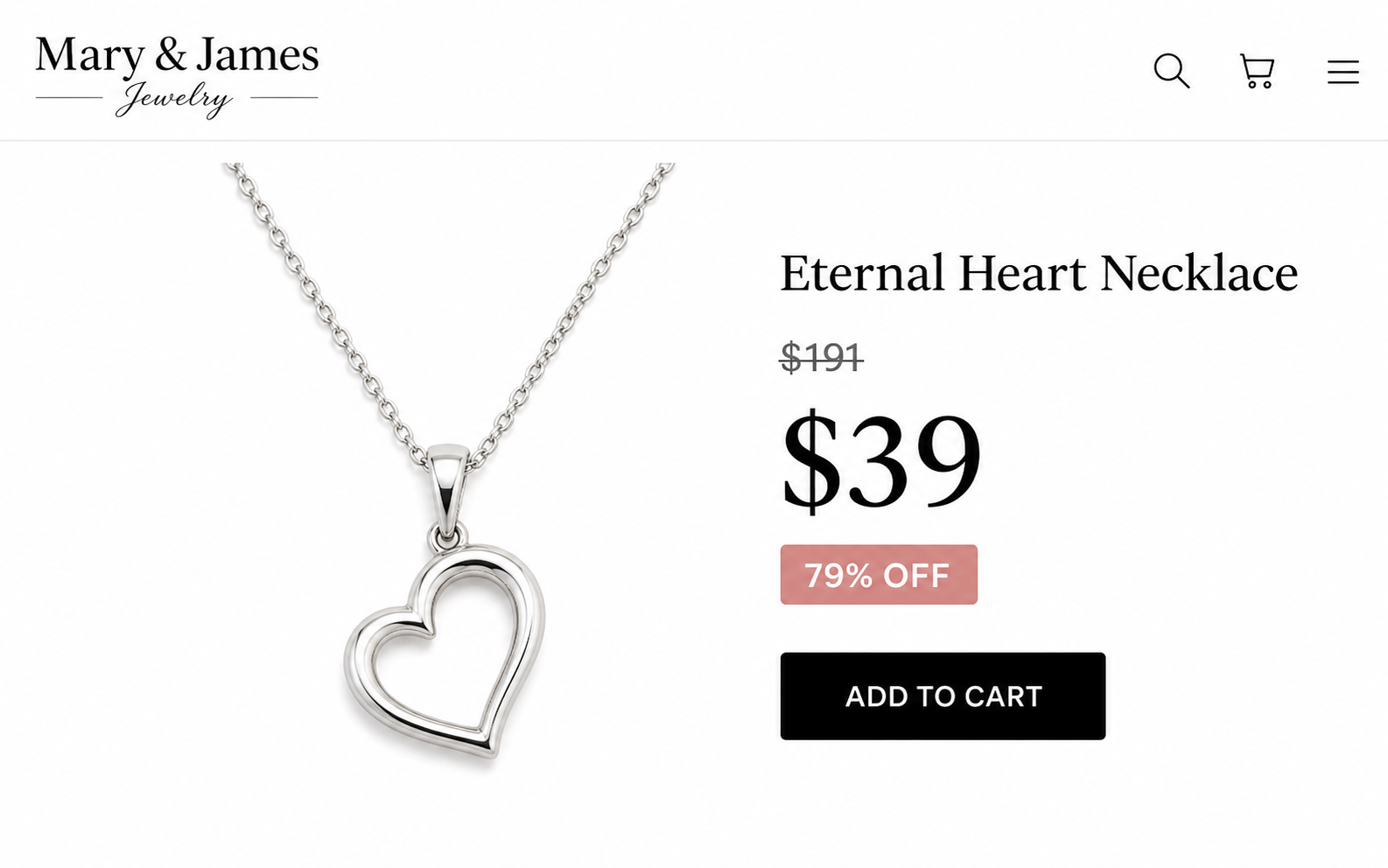 Illustration of a Mary and James Jewelry product page using an extreme reference-price discount